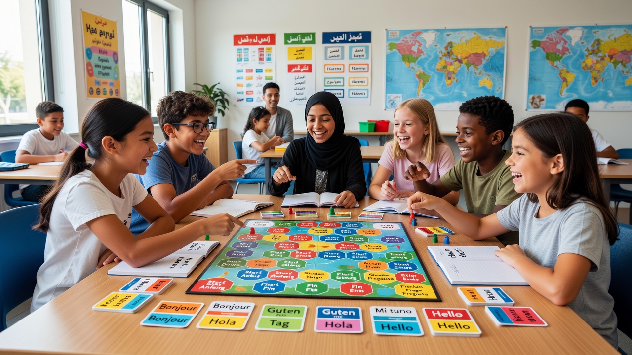 Close-up view of multilingual board game components including cards and tokens used for vocabulary reinforcement