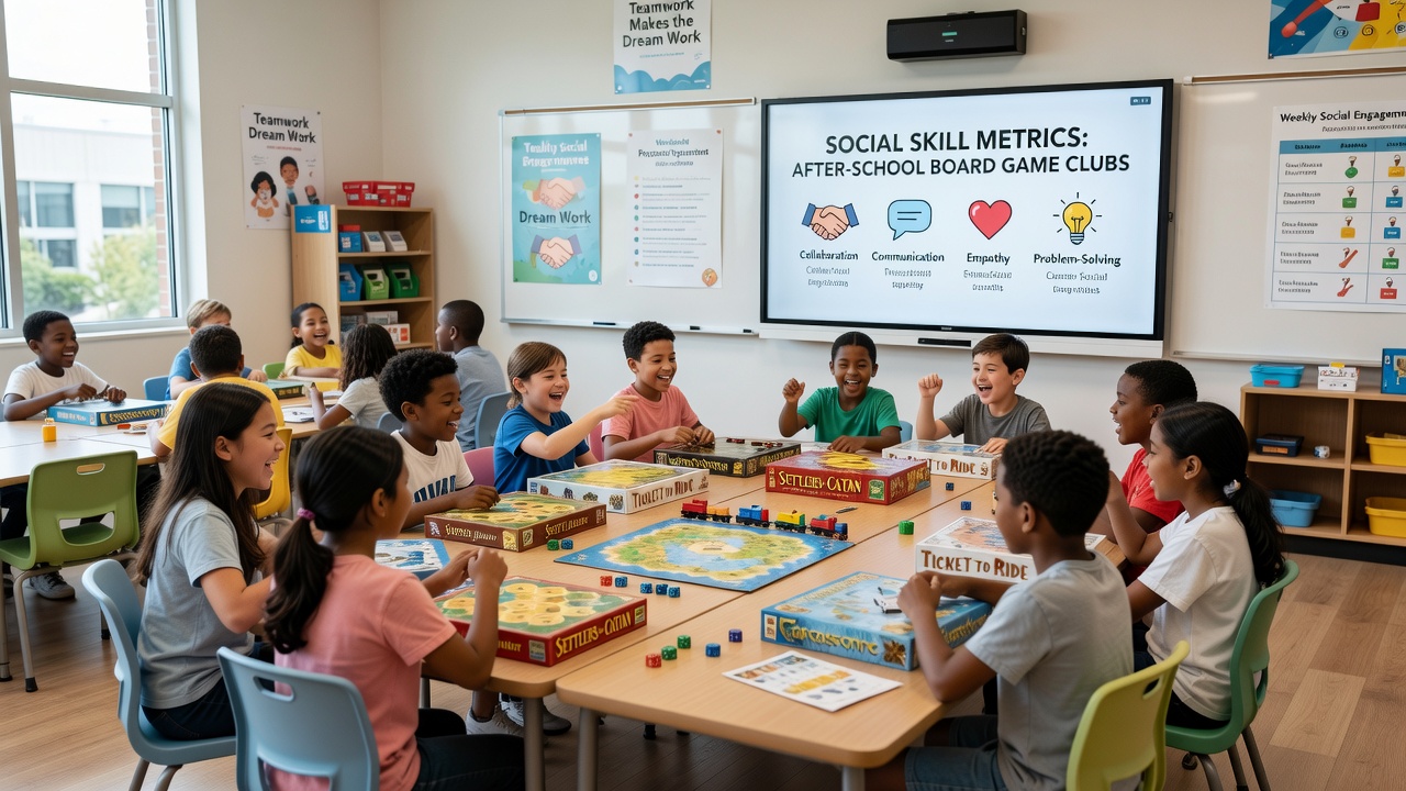 Group of elementary students discussing strategy around a board game table, highlighting communication and collaboration