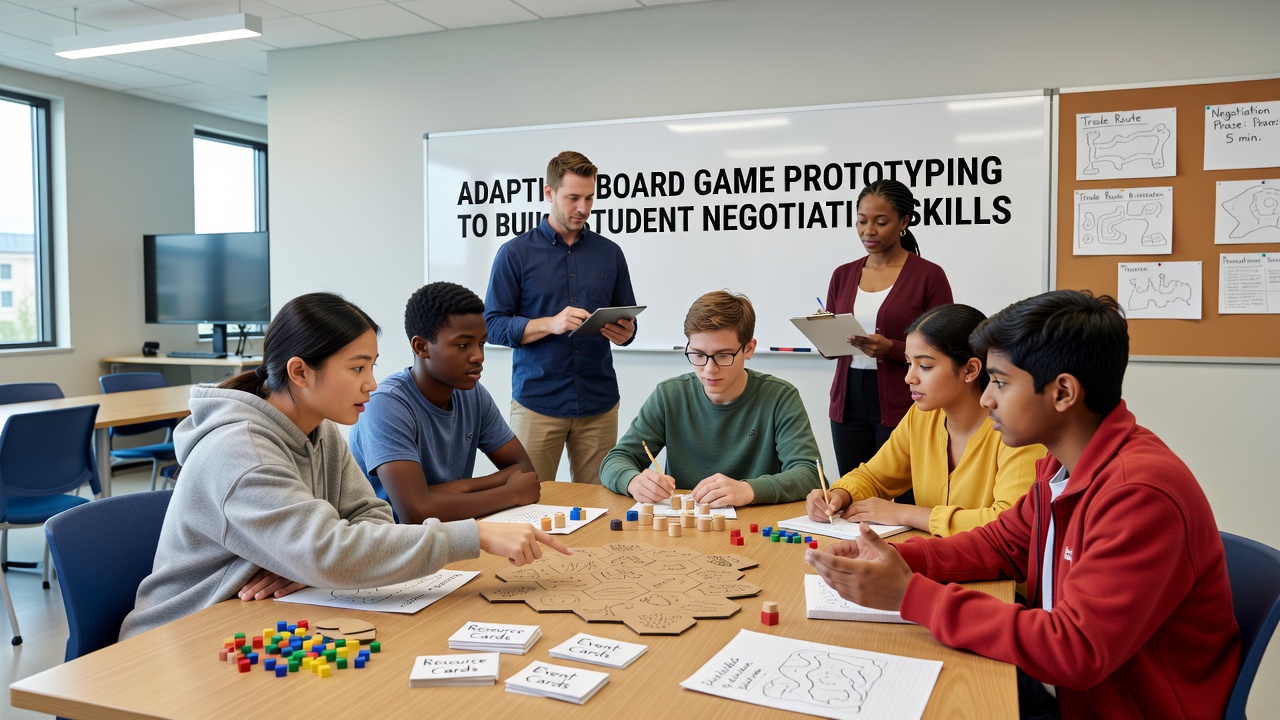 Group of high school students testing a student-designed board game in a classroom setting