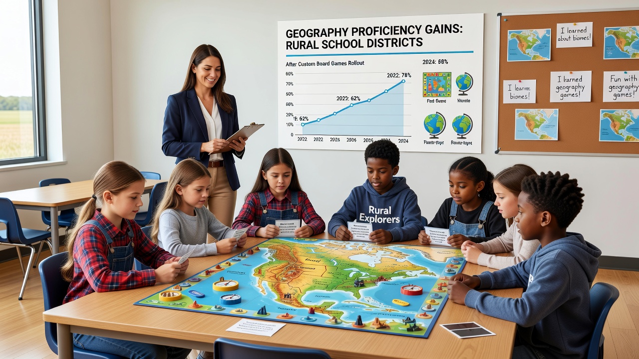 Students analyzing board game maps related to climate adaptation and watershed management
