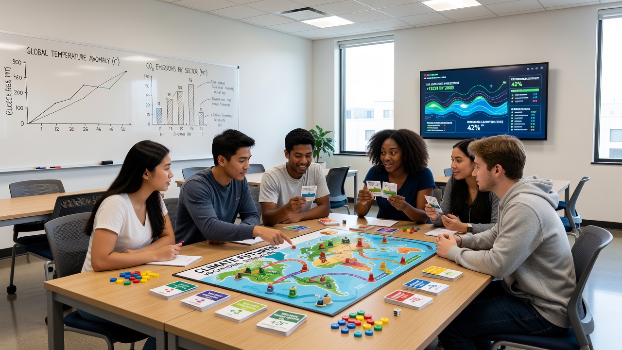 Close-up of board game components including cards and tiles representing climate variables in a trade training context